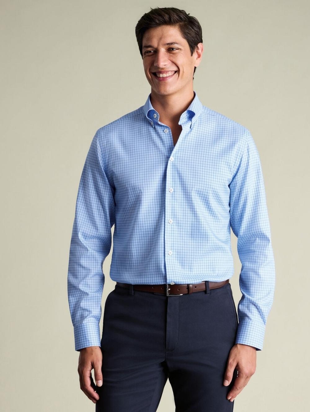 Charles Tyrwhitt Light Blue Windowpane Dress Shirt - CLASSIC - 16.5 NECK - Picture 8 of 11
